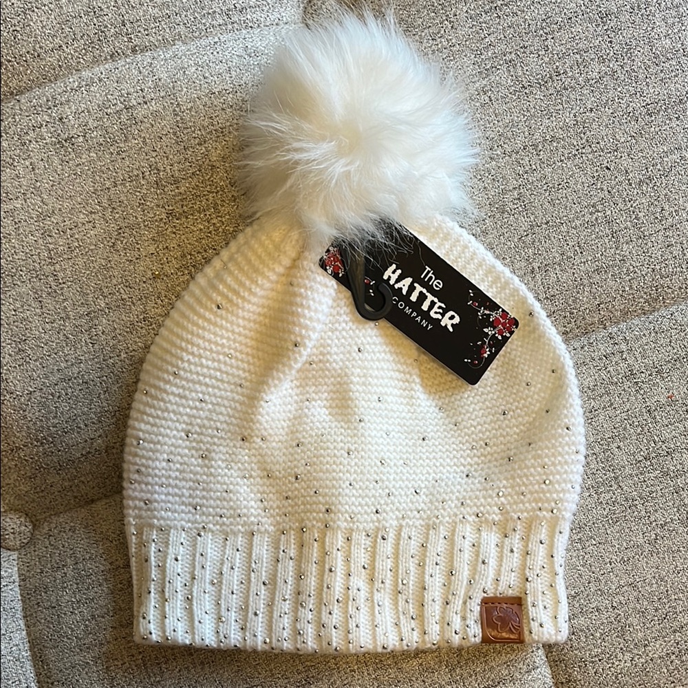 NWT Ivory silver studs Pom-Pom Beanie